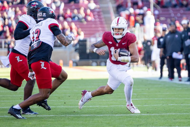 Nov 16, 2024; Stanford, California, USA; Stanford Cardinal quarterback Ashton Daniels (14) scrambles during the second quarter against the Louisville Cardinals at Stanford Stadium. Mandatory Credit: Bob Kupbens-Imagn Images