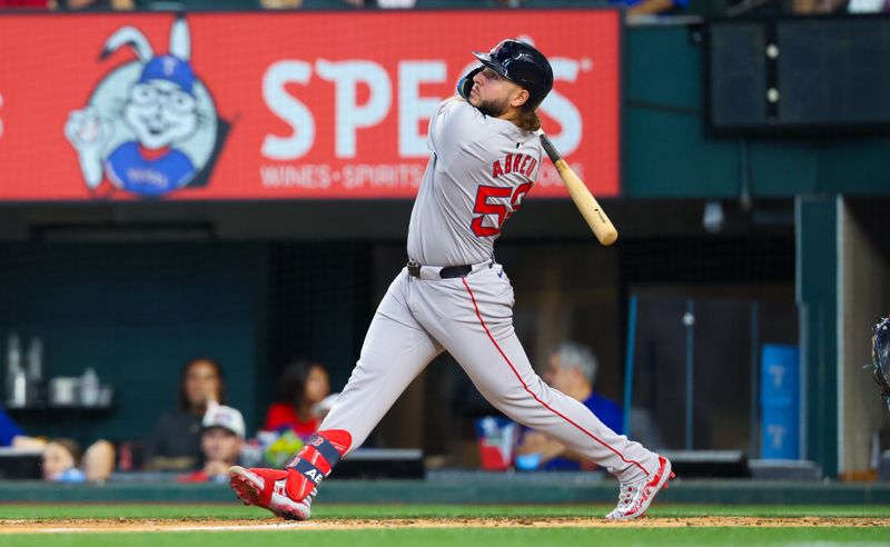 Aug 4, 2024; Arlington, Texas, USA; Boston Red Sox right fielder Wilyer Abreu (52) hits a home run during the fourth inning against the Texas Rangers at Globe Life Field. Mandatory Credit: Kevin Jairaj-USA TODAY Sports