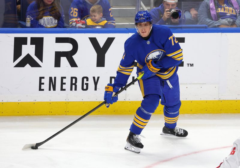 Nov 1, 2025; Buffalo, New York, USA;  Buffalo Sabres center Tage Thompson (72) looks to make a pass during the third period against the Washington Capitals at KeyBank Center. Mandatory Credit: Timothy T. Ludwig-Imagn Images