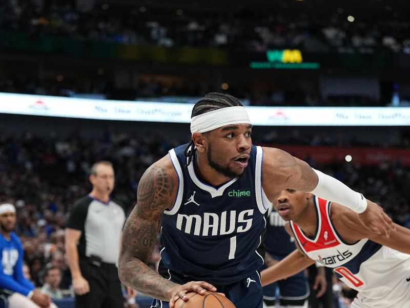 DALLAS, TX - FEBRUARY 12: Jaden Hardy #1 of the Dallas Mavericks drives to the basket during the game against the Washington Wizards on February 12, 2024 at the American Airlines Center in Dallas, Texas. NOTE TO USER: User expressly acknowledges and agrees that, by downloading and or using this photograph, User is consenting to the terms and conditions of the Getty Images License Agreement. Mandatory Copyright Notice: Copyright 2024 NBAE (Photo by Glenn James/NBAE via Getty Images)