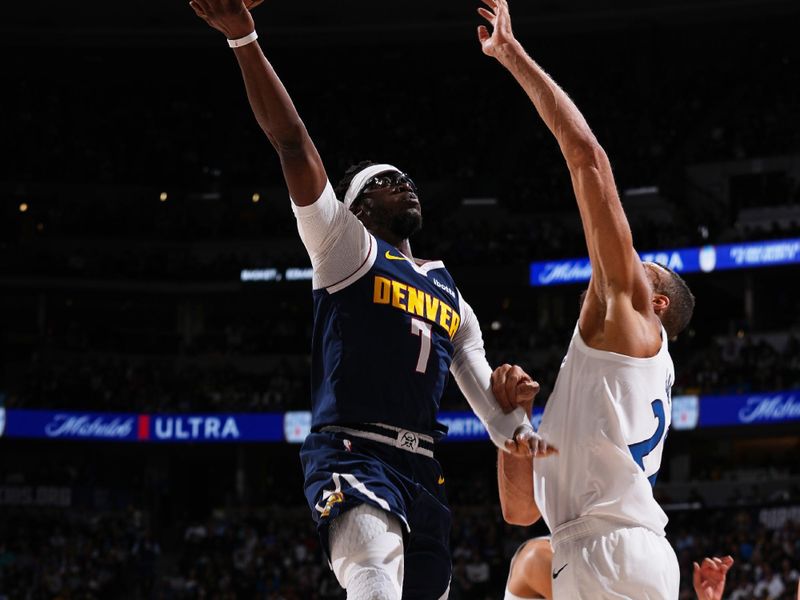 DENVER, CO - APRIL 10: Reggie Jackson #7 of the Denver Nuggets shoots the ball during the game against the Minnesota Timberwolves on April 10, 2024 at the Ball Arena in Denver, Colorado. NOTE TO USER: User expressly acknowledges and agrees that, by downloading and/or using this Photograph, user is consenting to the terms and conditions of the Getty Images License Agreement. Mandatory Copyright Notice: Copyright 2024 NBAE (Photo by Bart Young/NBAE via Getty Images)