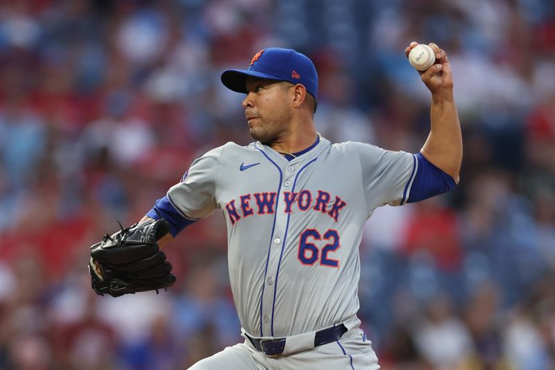 Sep 13, 2024; Philadelphia, Pennsylvania, USA; New York Mets pitcher Jose Quintana (62) throws a pitch during the first inning against the Philadelphia Phillies at Citizens Bank Park. Mandatory Credit: Bill Streicher-Imagn Images