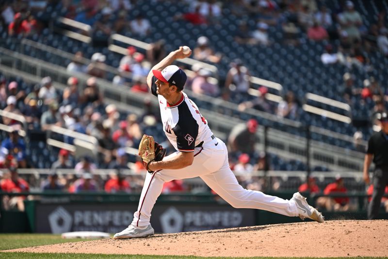 May 26, 2024; Washington, District of Columbia, USA; Washington Nationals relief pitcher Jacob Barnes (59) pitches against the Seattle Mariners during the seventh inning at Nationals Park. Mandatory Credit: Rafael Suanes-USA TODAY Sports