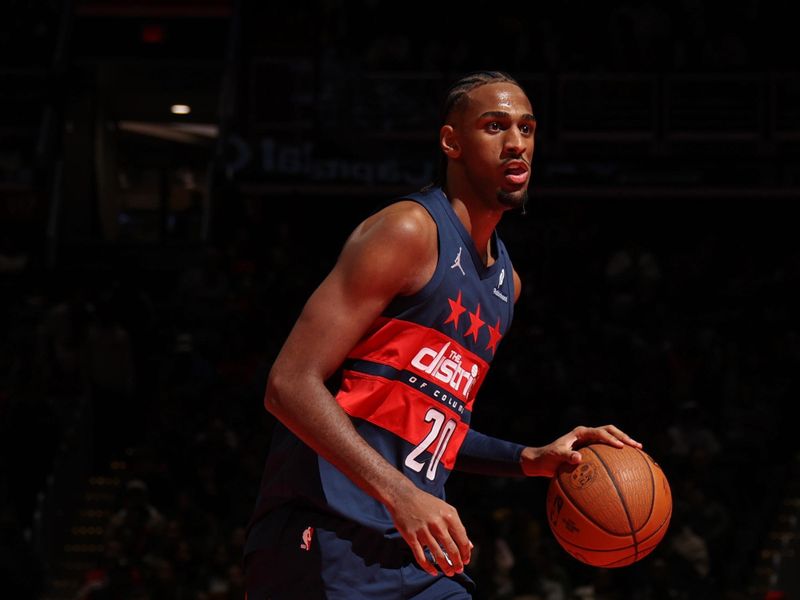 WASHINGTON, DC -? NOVEMBER 26: Alexandre Sarr #20 of the Washington Wizards dribbles the ball during the game against the Chicago Bulls during the Emirates NBA Cup game on November 26, 2024 at Capital One Arena in Washington, DC. NOTE TO USER: User expressly acknowledges and agrees that, by downloading and or using this Photograph, user is consenting to the terms and conditions of the Getty Images License Agreement. Mandatory Copyright Notice: Copyright 2024 NBAE (Photo by Stephen Gosling/NBAE via Getty Images)