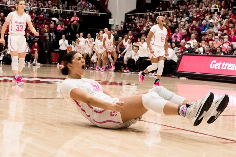 Feb 17, 2023; Stanford, California, USA;  Stanford Cardinal center Lauren Betts (51) reacts after scoring against the USC Trojans during the first half at Maples Pavilion. Mandatory Credit: John Hefti-USA TODAY Sports