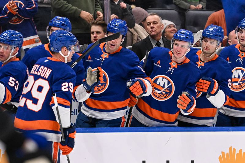 Nov 27, 2024; Elmont, New York, USA;  New York Islanders center Brock Nelson (29) celebrates his second goal of the game against the Boston Bruins during the second period at UBS Arena. Mandatory Credit: Dennis Schneidler-Imagn Images