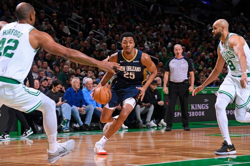 BOSTON, MA - JANUARY 29: Trey Murphy III #25 of the New Orleans Pelicans drives to the basket during the game against the Boston Celtics on January 29, 2024 at the TD Garden in Boston, Massachusetts. NOTE TO USER: User expressly acknowledges and agrees that, by downloading and or using this photograph, User is consenting to the terms and conditions of the Getty Images License Agreement. Mandatory Copyright Notice: Copyright 2024 NBAE  (Photo by Brian Babineau/NBAE via Getty Images)