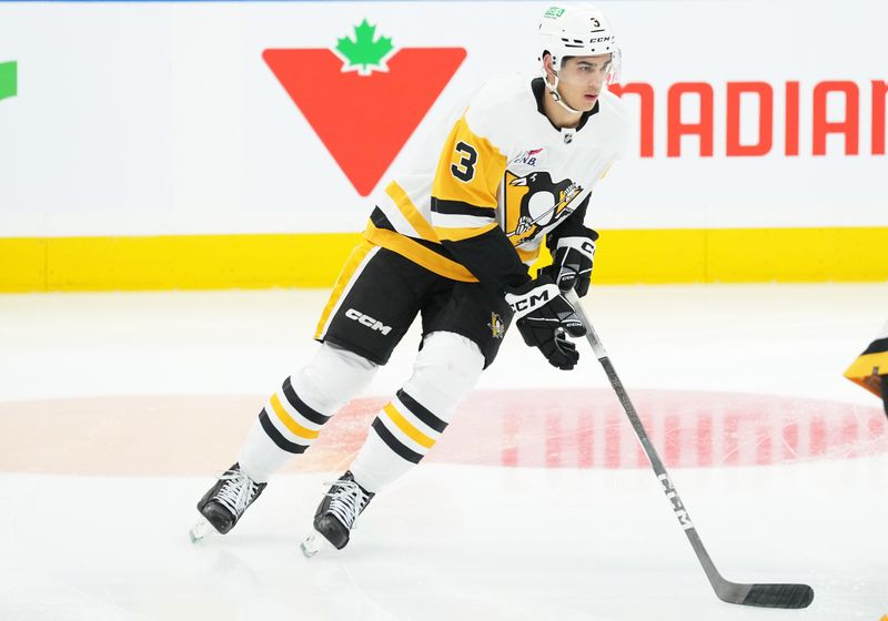 Apr 8, 2024; Toronto, Ontario, CAN; Pittsburgh Penguins defenseman Jack St. Ivany (3) skates against the Toronto Maple Leafs during the warmup at Scotiabank Arena. Mandatory Credit: Nick Turchiaro-USA TODAY Sports