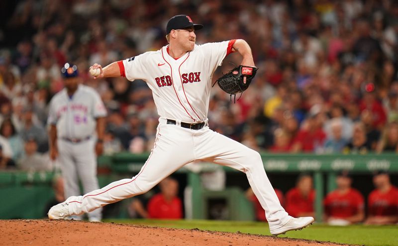 Jul 23, 2023; Boston, Massachusetts, USA; Boston Red Sox relief pitcher Josh Winckowski (25) throws a pitch against the New York Mets in the sixth inning at Fenway Park. Mandatory Credit: David Butler II-USA TODAY Sports