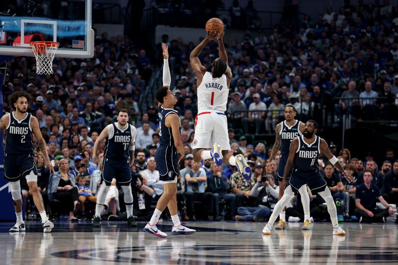 DALLAS, TEXAS - APRIL 28: James Harden #1 of the Los Angeles Clippers shoots the ball in front of Josh Green #8 of the Dallas Mavericks in the first half of game four of the Western Conference First Round Playoffs at American Airlines Center on April 28, 2024 in Dallas, Texas.  NOTE TO USER: User expressly acknowledges and agrees that, by downloading and or using this photograph, User is consenting to the terms and conditions of the Getty Images License Agreement. (Photo by Tim Warner/Getty Images)