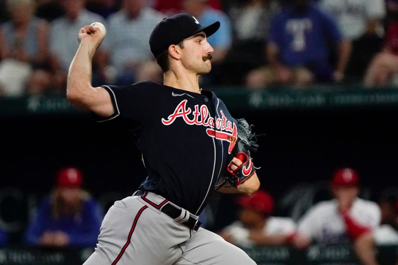 May 17, 2023; Arlington, Texas, USA; Atlanta Braves starting pitcher Spencer Strider (99) throws during the first inning against the Texas Rangers at Globe Life Field. Mandatory Credit: Raymond Carlin III-USA TODAY Sports