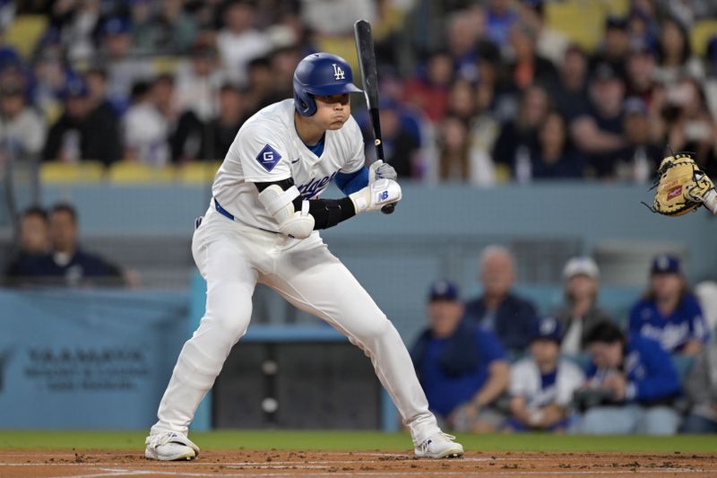 Apr 2, 2024; Los Angeles, California, USA;  Los Angeles Dodgers designated hitter Shohei Ohtani (17) at bat in the first inning against the San Francisco Giants at Dodger Stadium. Mandatory Credit: Jayne Kamin-Oncea-USA TODAY Sports