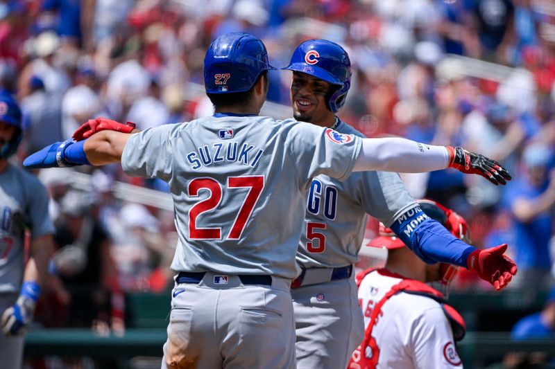 Jul 14, 2024; St. Louis, Missouri, USA;  Chicago Cubs designated hitter Christopher Morel (5) celebrates with right fielder Seiya Suzuki (27) after hitting a two run home run against the St. Louis Cardinals during the sixth inning at Busch Stadium. Mandatory Credit: Jeff Curry-USA TODAY Sports