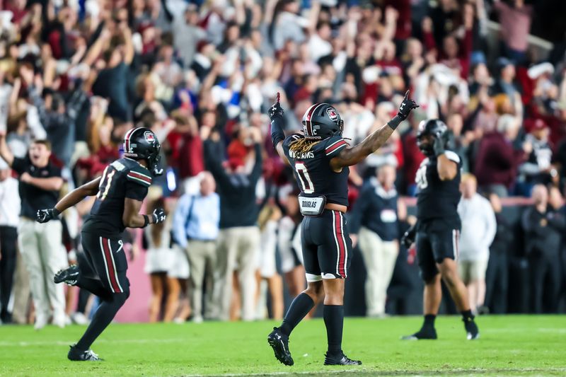 Nov 18, 2023; Columbia, South Carolina, USA; South Carolina Gamecocks linebacker Debo Williams (0) celebrates during their win over theKentucky Wildcats in the fourth quarter at Williams-Brice Stadium. Mandatory Credit: Jeff Blake-USA TODAY Sports Kentucky