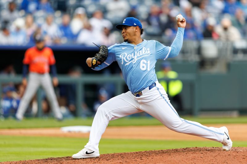 Apr 27, 2025; Kansas City, Missouri, USA; Kansas City Royals pitcher Angel Zerpa (61) pitches during the seventh inning against the Houston Astros at Kauffman Stadium. Mandatory Credit: William Purnell-Imagn Images