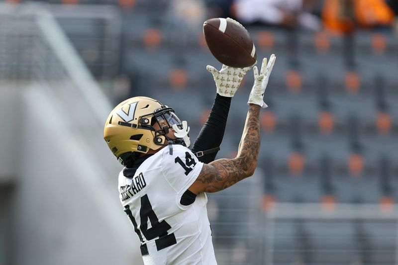 Nov 25, 2023; Knoxville, Tennessee, USA; Vanderbilt Commodores wide receiver Will Sheppard (14) catches a pass in warmups before the game against the Tennessee Volunteers at Neyland Stadium. Mandatory Credit: Randy Sartin-USA TODAY Sports