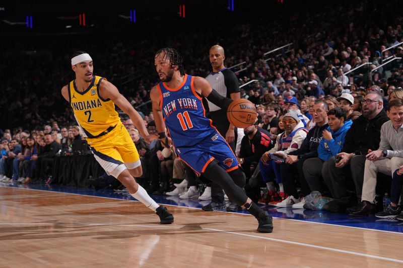 NEW YORK, NY - FEBRUARY 10: Jalen Brunson #11 of the New York Knicks dribbles the ball during the game against the Indiana Pacers on February 10, 2024 at Madison Square Garden in New York City, New York.  NOTE TO USER: User expressly acknowledges and agrees that, by downloading and or using this photograph, User is consenting to the terms and conditions of the Getty Images License Agreement. Mandatory Copyright Notice: Copyright 2024 NBAE  (Photo by Jesse D. Garrabrant/NBAE via Getty Images)