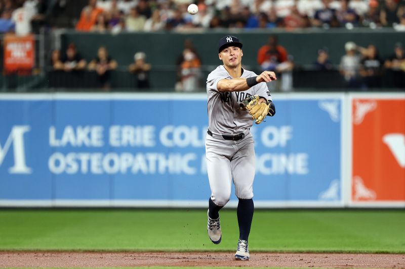 Sep 19, 2025; Baltimore, Maryland, USA; New York Yankees shortstop Anthony Volpe (11) throws to first for an out during the second inning against the Baltimore Orioles at Oriole Park at Camden Yards. Mandatory Credit: Daniel Kucin Jr.-Imagn Images
