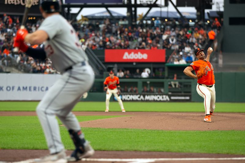Aug 9, 2024; San Francisco, California, USA; San Francisco Giants starting pitcher Robbie Ray (23) delivers a pitch against the Detroit Tigers during the first inning at Oracle Park. Mandatory Credit: D. Ross Cameron-USA TODAY Sports