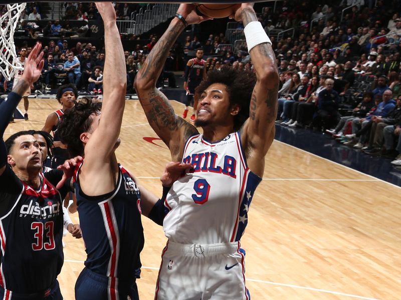 WASHINGTON, DC -? FEBRUARY 10: Kelly Oubre Jr. #9 of the Philadelphia 76ers drives to the basket during the game against the Washington Wizards on February 10, 2024 at Capital One Arena in Washington, DC. NOTE TO USER: User expressly acknowledges and agrees that, by downloading and or using this Photograph, user is consenting to the terms and conditions of the Getty Images License Agreement. Mandatory Copyright Notice: Copyright 2024 NBAE (Photo by Kenny Giarla/NBAE via Getty Images)