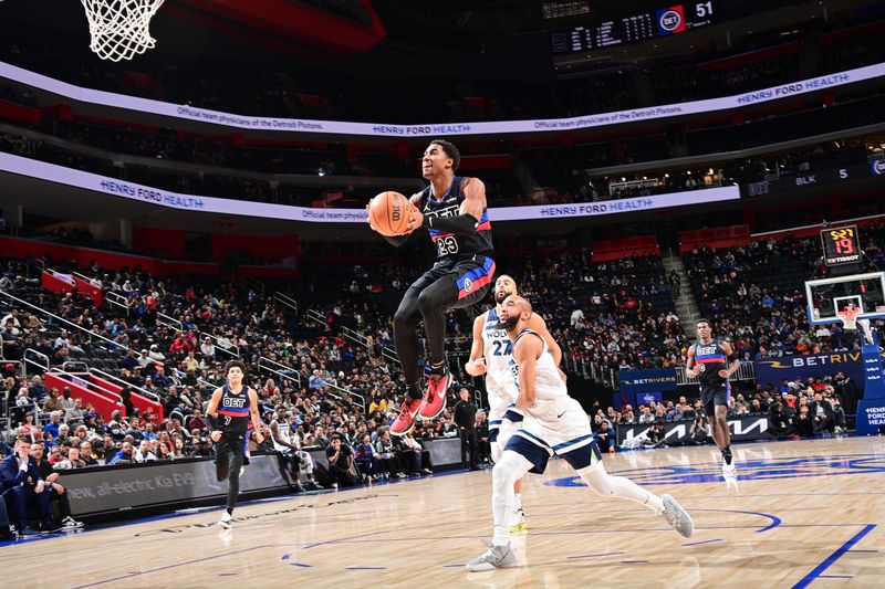 DETROIT, MI - JANUARY 17: Jaden Ivey #23 of the Detroit Pistons drives to the basket during the game against the Minnesota Timberwolves on January 17, 2024 at Little Caesars Arena in Detroit, Michigan. NOTE TO USER: User expressly acknowledges and agrees that, by downloading and/or using this photograph, User is consenting to the terms and conditions of the Getty Images License Agreement. Mandatory Copyright Notice: Copyright 2024 NBAE (Photo by Chris Schwegler/NBAE via Getty Images)