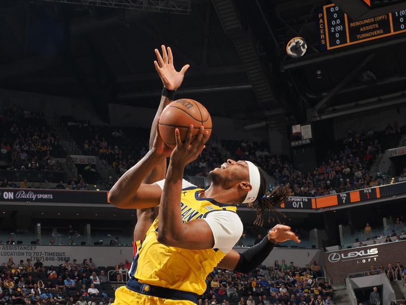 INDIANAPOLIS, IN - APRIL 14: Myles Turner #33 of the Indiana Pacers shoots the ball during the game against the Atlanta Hawks on April 14, 2024 at Gainbridge Fieldhouse in Indianapolis, Indiana. NOTE TO USER: User expressly acknowledges and agrees that, by downloading and or using this Photograph, user is consenting to the terms and conditions of the Getty Images License Agreement. Mandatory Copyright Notice: Copyright 2024 NBAE (Photo by Ron Hoskins/NBAE via Getty Images)