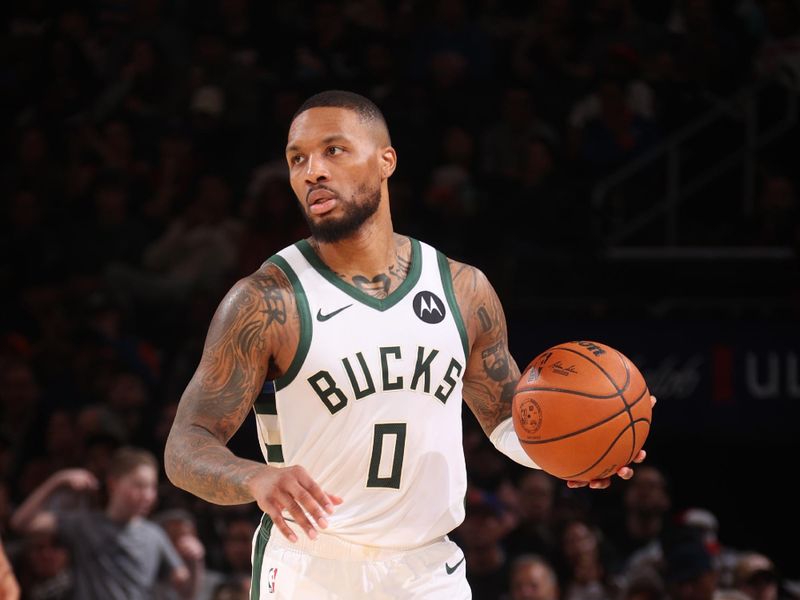 NEW YORK, NY - NOVEMBER 8: Damian Lillard #0 of the Milwaukee Bucks dribbles the ball during the game against the New York Knicks on November 8, 2024 at Madison Square Garden in New York City, New York.  NOTE TO USER: User expressly acknowledges and agrees that, by downloading and or using this photograph, User is consenting to the terms and conditions of the Getty Images License Agreement. Mandatory Copyright Notice: Copyright 2024 NBAE  (Photo by Nathaniel S. Butler/NBAE via Getty Images)