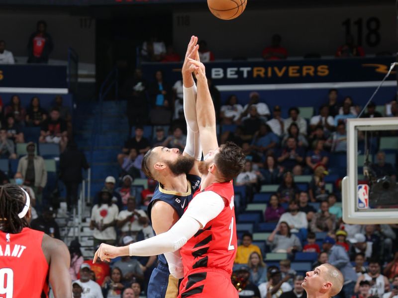 NEW ORLEANS, LA - MARCH 12: Jonas Valanciunas #17 of the New Orleans Pelicans and Jusuf Nurkic #27 of the Portland Trail Blazers reach for the tip-off on March 12, 2023 at the Smoothie King Center in New Orleans, Louisiana. NOTE TO USER: User expressly acknowledges and agrees that, by downloading and or using this Photograph, user is consenting to the terms and conditions of the Getty Images License Agreement. Mandatory Copyright Notice: Copyright 2023 NBAE (Photo by Jonathan Bachman/NBAE via Getty Images)