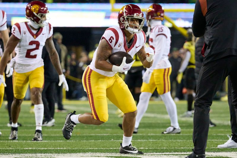 Nov 11, 2023; Eugene, Oregon, USA; USC Trojans running back Austin Jones (6) warms up before a game against the Oregon Ducks at Autzen Stadium. Mandatory Credit: Troy Wayrynen-USA TODAY Sports