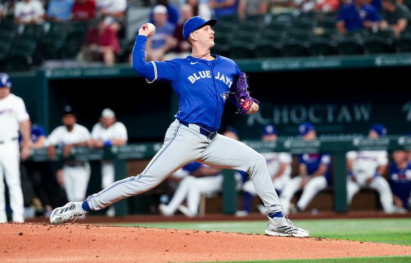 May 27, 2025; Arlington, Texas, USA; Toronto Blue Jays starting pitcher Bowden Francis (44) throws during the first inning against the Texas Rangers at Globe Life Field. Mandatory Credit: Kevin Jairaj-Imagn Images