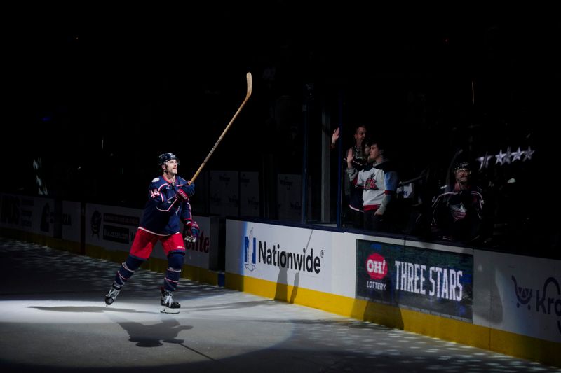 Nov 2, 2023; Columbus, Ohio, USA;  Columbus Blue Jackets defenseman Erik Gudbranson (44) skates on the ice after being named a star of the game, after defeating the Tampa Bay Lightning at Nationwide Arena. Mandatory Credit: Aaron Doster-USA TODAY Sports