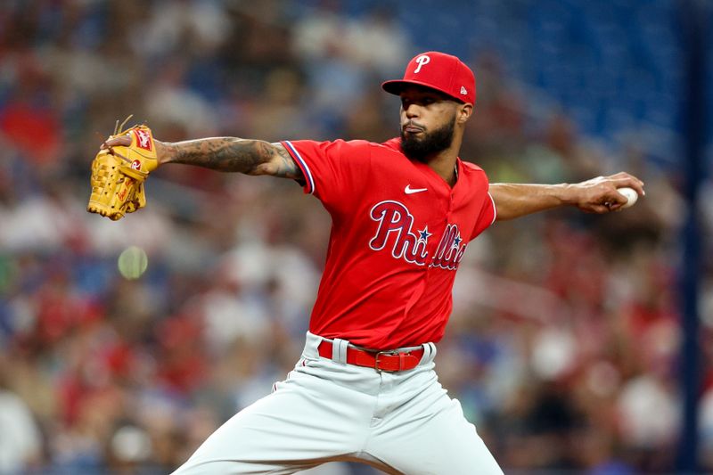 Jul 6, 2023; St. Petersburg, Florida, USA;  Philadelphia Phillies starting pitcher Cristopher Sanchez (61) throws a pitch against the Tampa Bay Rays in the first inning at Tropicana Field. Mandatory Credit: Nathan Ray Seebeck-USA TODAY Sports