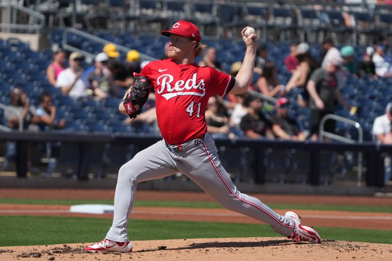 Mar 22, 2025; Peoria, Arizona, USA; Cincinnati Reds pitcher Andrew Abbott (41) throws against the San Diego Padres in the first inning at Peoria Sports Complex. Mandatory Credit: Rick Scuteri-Imagn Images