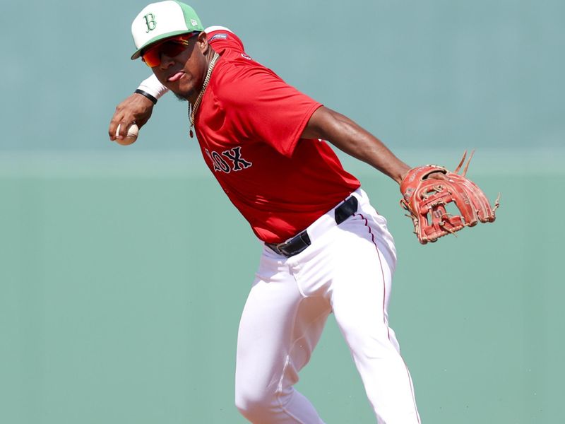 Mar 17, 2024; Fort Myers, Florida, USA;  Boston Red Sox second baseman Enmanuel Valdez (47) throws to first few an out against the New York Yankees in the sixth inning at JetBlue Park at Fenway South. Mandatory Credit: Nathan Ray Seebeck-USA TODAY Sports