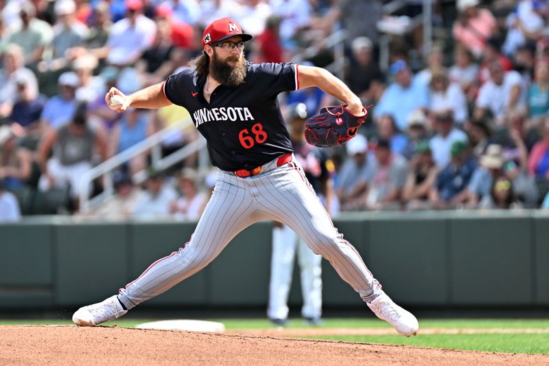 Mar 4, 2025; North Port, Florida, USA; Minnesota Twins starting pitcher Randy Dobnak (68) throws a pitch in the first inning against the Atlanta Braves  during spring training at CoolToday Park. Mandatory Credit: Jonathan Dyer-Imagn Images