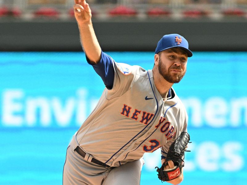 Sep 10, 2023; Minneapolis, Minnesota, USA; New York Mets starting pitcher Tylor Megill (38) delivers a pitch against the Minnesota Twins in the first inning at Target Field. Mandatory Credit: Michael McLoone-USA TODAY Sports