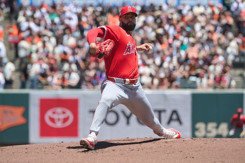 Jun 15, 2024; San Francisco, California, USA; Los Angeles Angels starting pitcher Patrick Sandoval (43) throws a pitch against the San Francisco Giants during the first inning at Oracle Park. Mandatory Credit: Robert Edwards-USA TODAY Sports