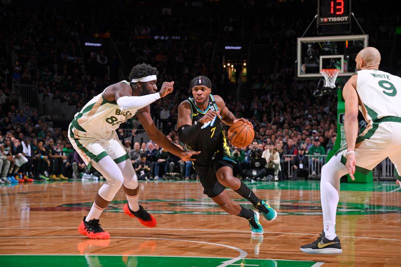 BOSTON, MA - JANUARY 30: Buddy Heild #7 of the Indiana Pacers dribbles the ball during the game against the Boston Celtics on January 30, 2024 at the TD Garden in Boston, Massachusetts. NOTE TO USER: User expressly acknowledges and agrees that, by downloading and or using this photograph, User is consenting to the terms and conditions of the Getty Images License Agreement. Mandatory Copyright Notice: Copyright 2024 NBAE  (Photo by Brian Babineau/NBAE via Getty Images)