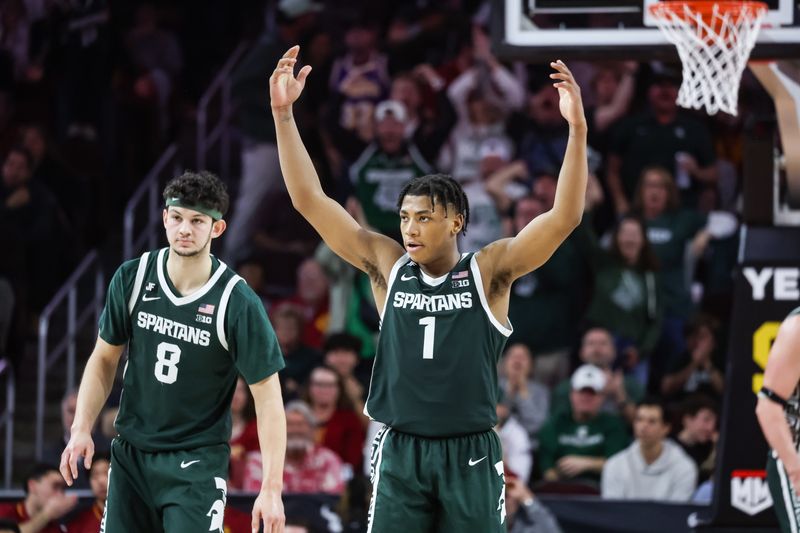 Feb 1, 2025; Los Angeles, California, USA;  Michigan State Spartans guard Jeremy Fears Jr. (1) reacts during the second half push against USC Trojans at Galen Center. Mandatory Credit: William Navarro-Imagn Images