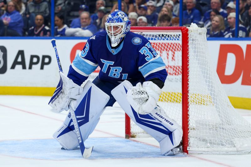 Apr 15, 2026; Tampa, Florida, USA; Tampa Bay Lightning goaltender Brandon Halverson (33) looks on against the New York Rangers in the second period at Benchmark International Arena. Mandatory Credit: Nathan Ray Seebeck-Imagn Images