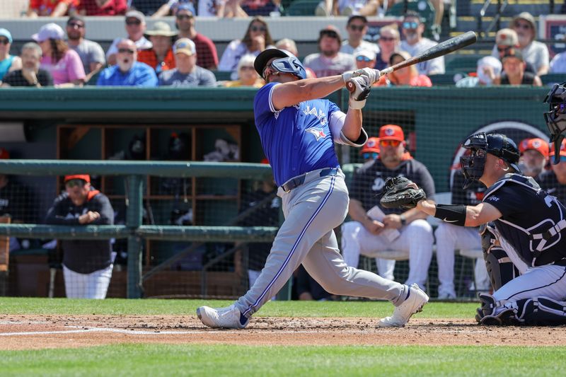 Mar 3, 2025; Lakeland, Florida, USA; Toronto Blue Jays outfielder Davis Schneider (36) bats during the third inning against the Detroit Tigers at Publix Field at Joker Marchant Stadium. Mandatory Credit: Mike Watters-Imagn Images