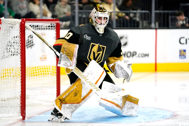 Mar 19, 2023; Las Vegas, Nevada, USA; Vegas Golden Knights goaltender Jiri Patera (30) plays during the third period against the Columbus Blue Jackets at T-Mobile Arena. Mandatory Credit: Lucas Peltier-USA TODAY Sports