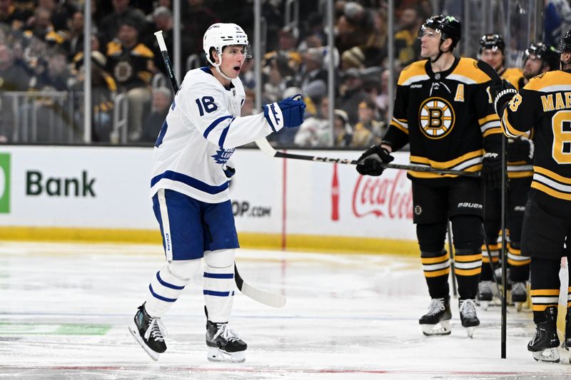 Feb 25, 2025; Boston, Massachusetts, USA; Toronto Maple Leafs right wing Mitch Marner (16) reacts after scoring a goal against the Boston Bruins during the third period at the TD Garden. Mandatory Credit: Brian Fluharty-Imagn Images