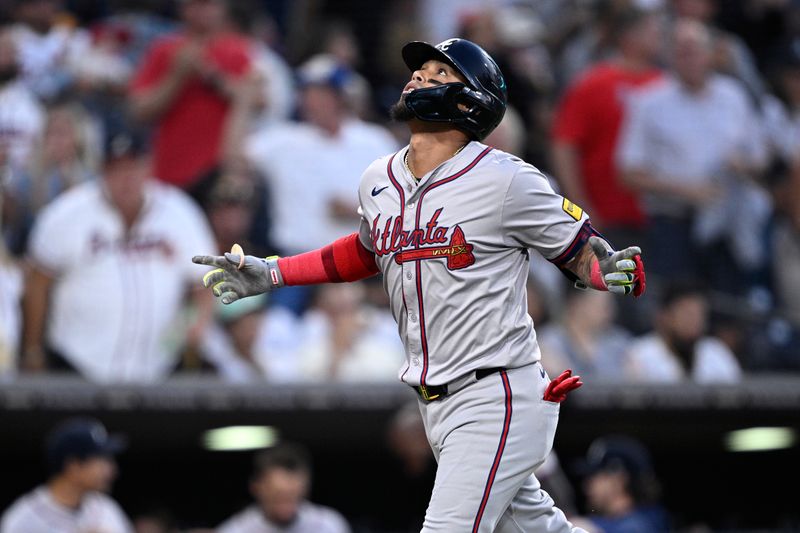 Jul 12, 2024; San Diego, California, USA; Atlanta Braves shortstop Orlando Arcia (11) celebrates after hitting a two-run home run against the San Diego Padres during the fifth inning at Petco Park. Mandatory Credit: Orlando Ramirez-USA TODAY Sports 