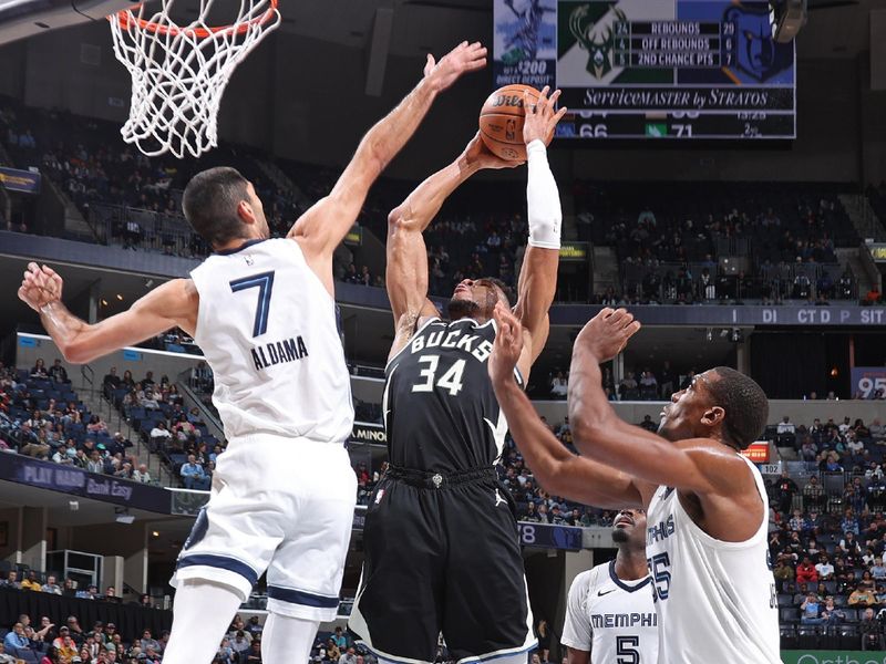 MEMPHIS, TN - FEBRUARY 15: Giannis Antetokounmpo #34 of the Milwaukee Bucks drives to the basket during the game against the Memphis Grizzlies on February 15, 2024 at FedExForum in Memphis, Tennessee. NOTE TO USER: User expressly acknowledges and agrees that, by downloading and or using this photograph, User is consenting to the terms and conditions of the Getty Images License Agreement. Mandatory Copyright Notice: Copyright 2024 NBAE (Photo by Stephen Gosling/NBAE via Getty Images)