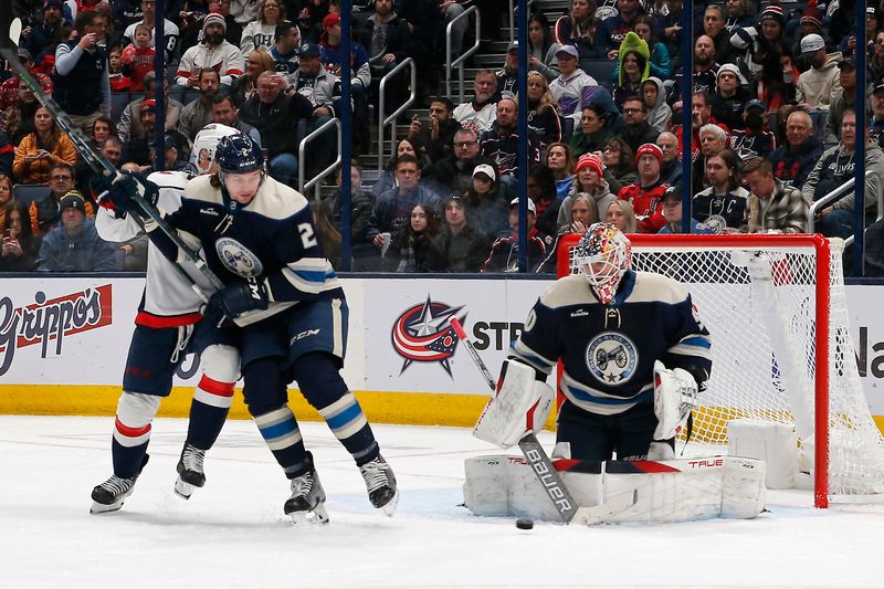 Dec 21, 2023; Columbus, Ohio, USA; Columbus Blue Jackets goalie Elvis Merzlikins (90) makes a save against the Washington Capitals during the second period at Nationwide Arena. Mandatory Credit: Russell LaBounty-USA TODAY Sports