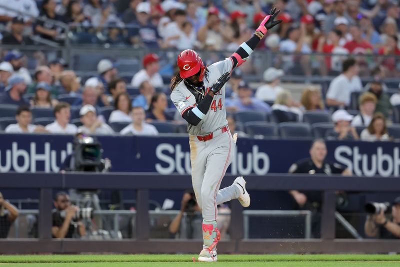 Jul 2, 2024; Bronx, New York, USA; Cincinnati Reds shortstop Elly De La Cruz (44) rounds the bases after hitting a two run home run against the New York Yankees during the fifth inning at Yankee Stadium. Mandatory Credit: Brad Penner-USA TODAY Sports