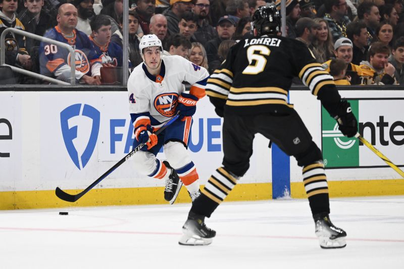 Nov 9, 2023; Boston, Massachusetts, USA; New York Islanders center Jean-Gabriel Pageau (44) skates against Boston Bruins defenseman Mason Lohrei (6) during the second period at the TD Garden. Mandatory Credit: Brian Fluharty-USA TODAY Sports