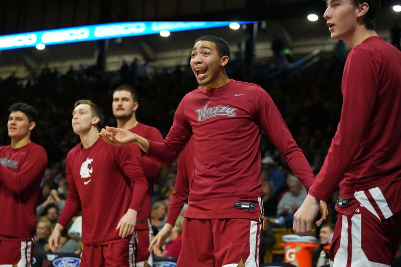 Jan 22, 2023; Boulder, Colorado, USA; Members of the Washington State Cougars react in the second half against the Colorado Buffaloes at the CU Events Center. Mandatory Credit: Ron Chenoy-USA TODAY Sports