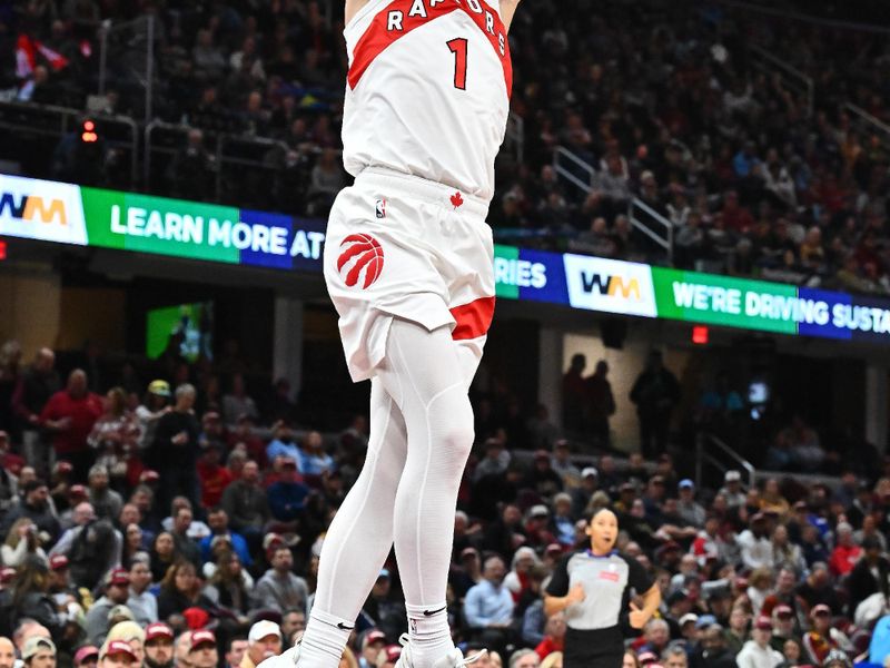 CLEVELAND, OHIO - JANUARY 09: Gradey Dick #1 of the Toronto Raptors dunks during the third quarter against the Cleveland Cavaliers at Rocket Mortgage Fieldhouse on January 09, 2025 in Cleveland, Ohio. The Cavaliers defeated the Raptors 132-126. NOTE TO USER: User expressly acknowledges and agrees that, by downloading and or using this photograph, User is consenting to the terms and conditions of the Getty Images License Agreement. (Photo by Jason Miller/Getty Images)